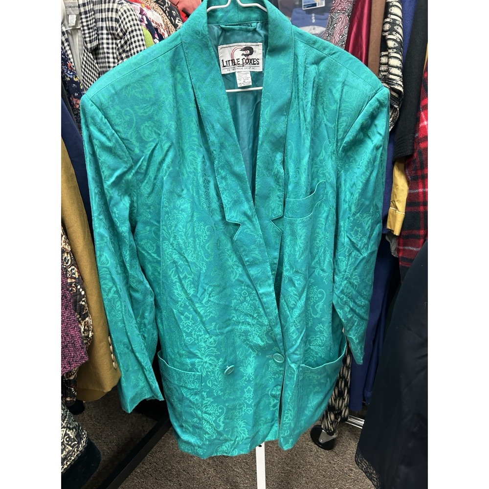 VTG 70s Little Foxes Long Blazer Green Embossed Paisley Cotton Blnd 2 Bttn M